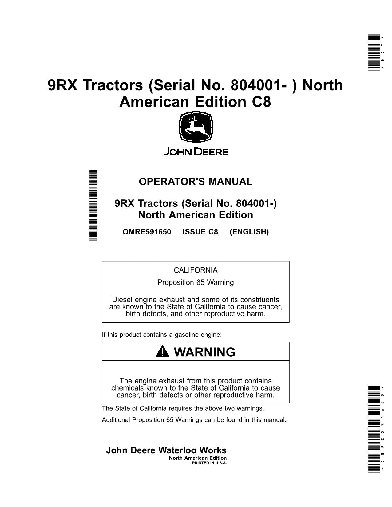 JOHN DEERE 9420RX 9470RX 9520RX 9570RX TRACTOR OPERATORS MANUAL 804001-