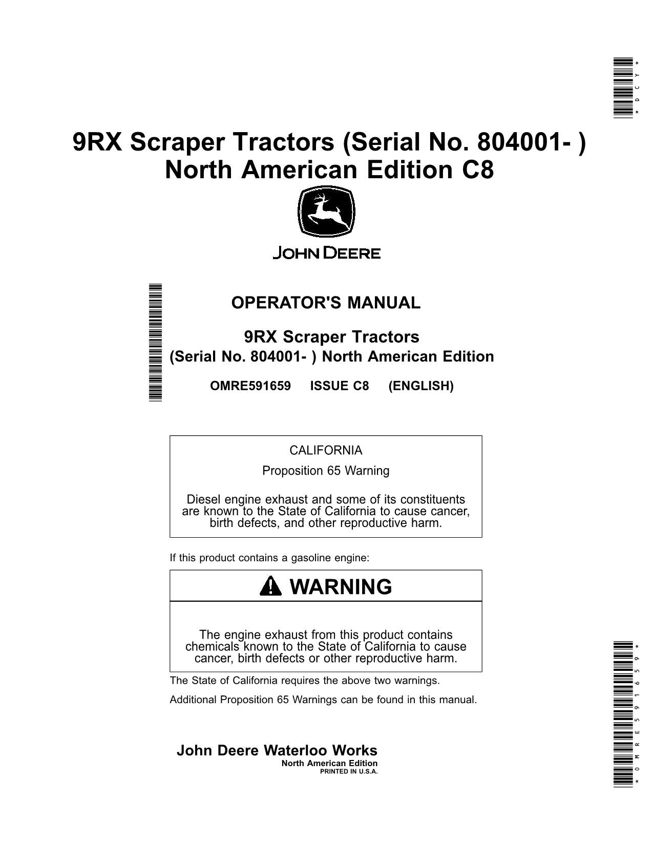 JOHN DEERE 9470RX 9520RX 9570RX TRACTOR OPERATORS MANUAL 804001-