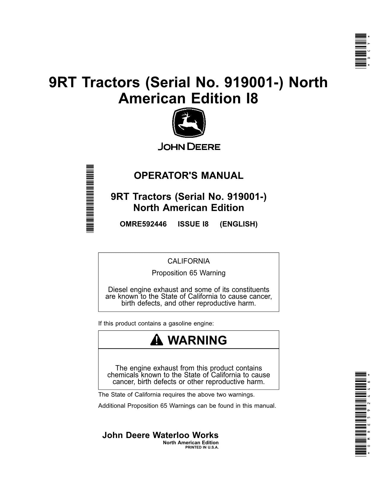 MANUEL D'UTILISATION DU TRACTEUR JOHN DEERE 9470RT 9520RT 9570RT 919001-920000