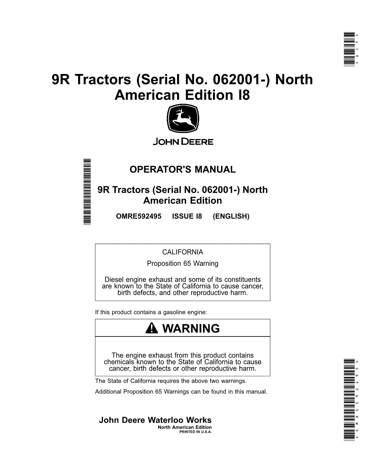 JOHN DEERE 9370R 9420R 9470R 9520R 9570R TRAKTOR-BETRIEBSHANDBUCH 062001-064000