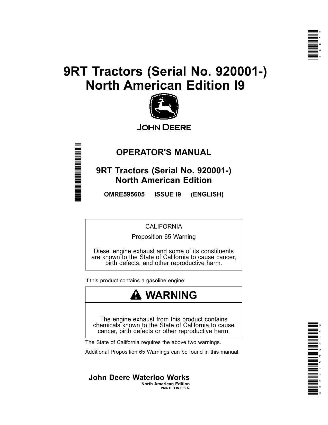 MANUEL D'UTILISATION DU TRACTEUR JOHN DEERE 9470RT 9520RT 9570RT 920001-