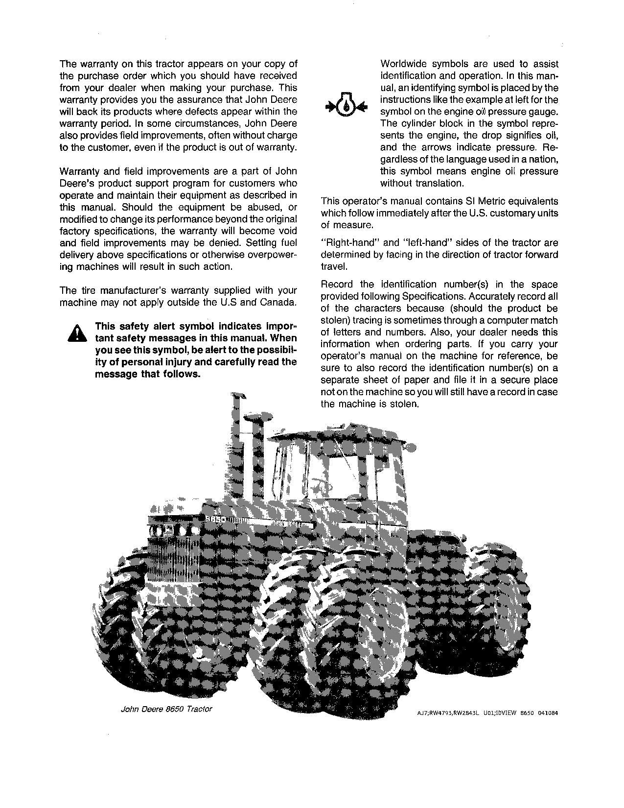 JOHN DEERE 8450 8650 TRAKTOR BEDIENUNGSANLEITUNG 0 - 5500 0-008000