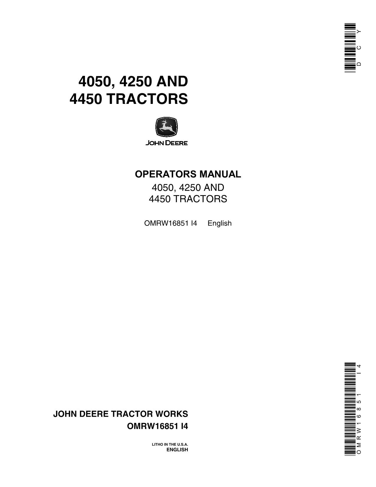 MANUEL D'UTILISATION DU TRACTEUR JOHN DEERE 4050 4250 4450 0-005510 0-009672