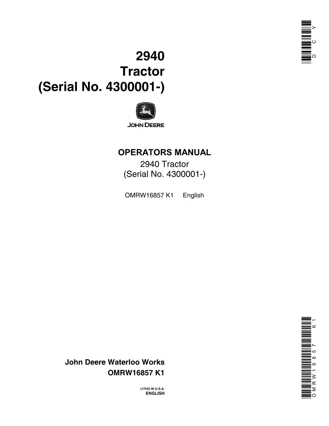 MANUEL D'UTILISATION DU TRACTEUR JOHN DEERE 2940 SER 430000-