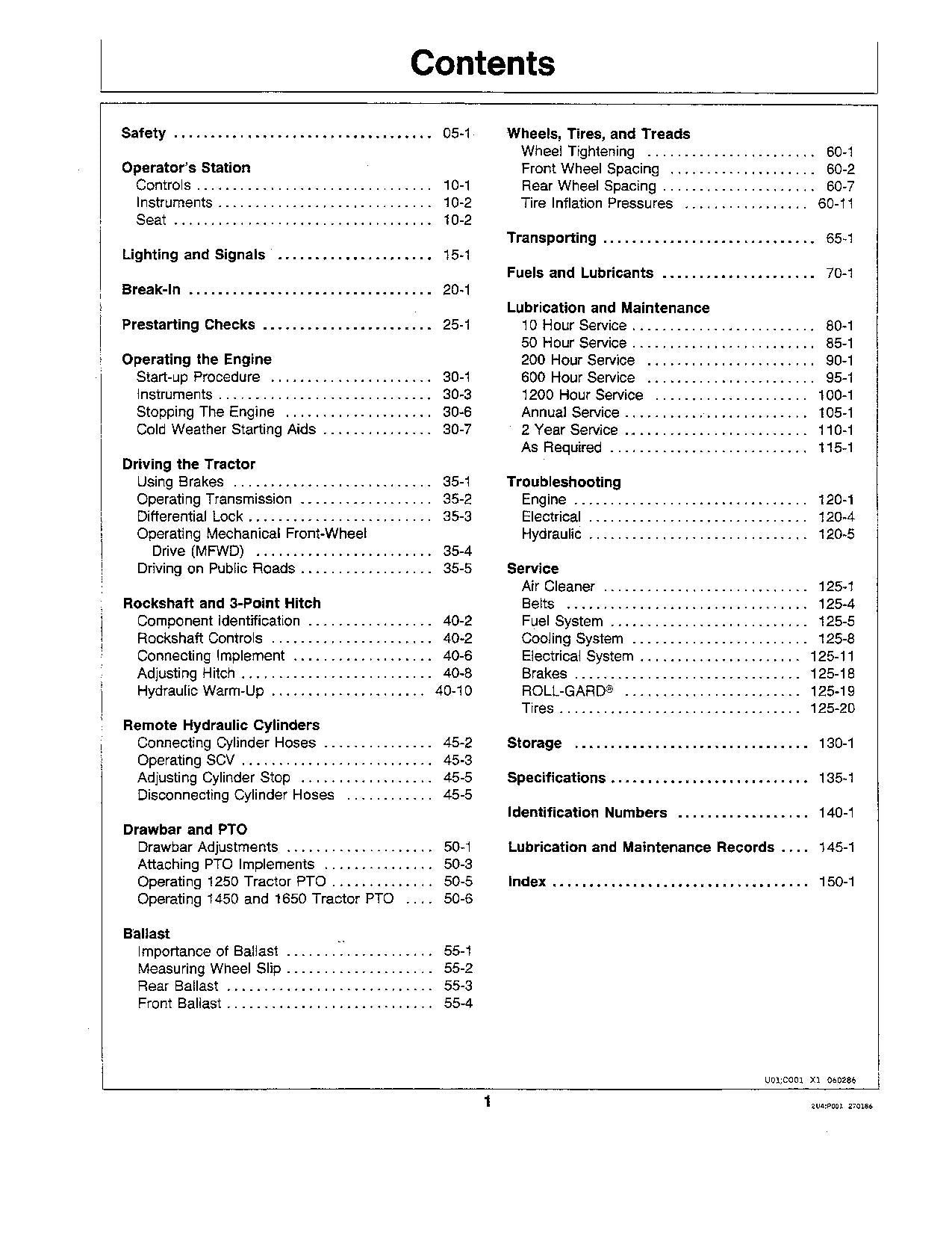 JOHN DEERE 1250 1450 1650 TRACTOR OPERATORS MANUAL