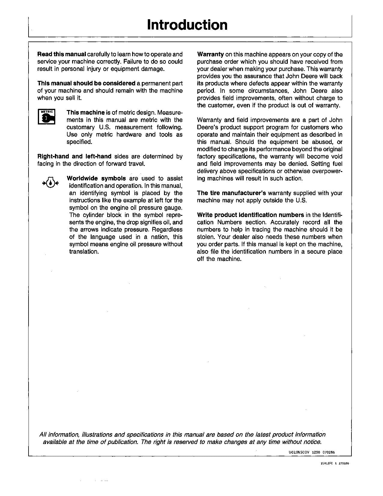 MANUEL D'UTILISATION DU TRACTEUR JOHN DEERE 1250 1450 1650