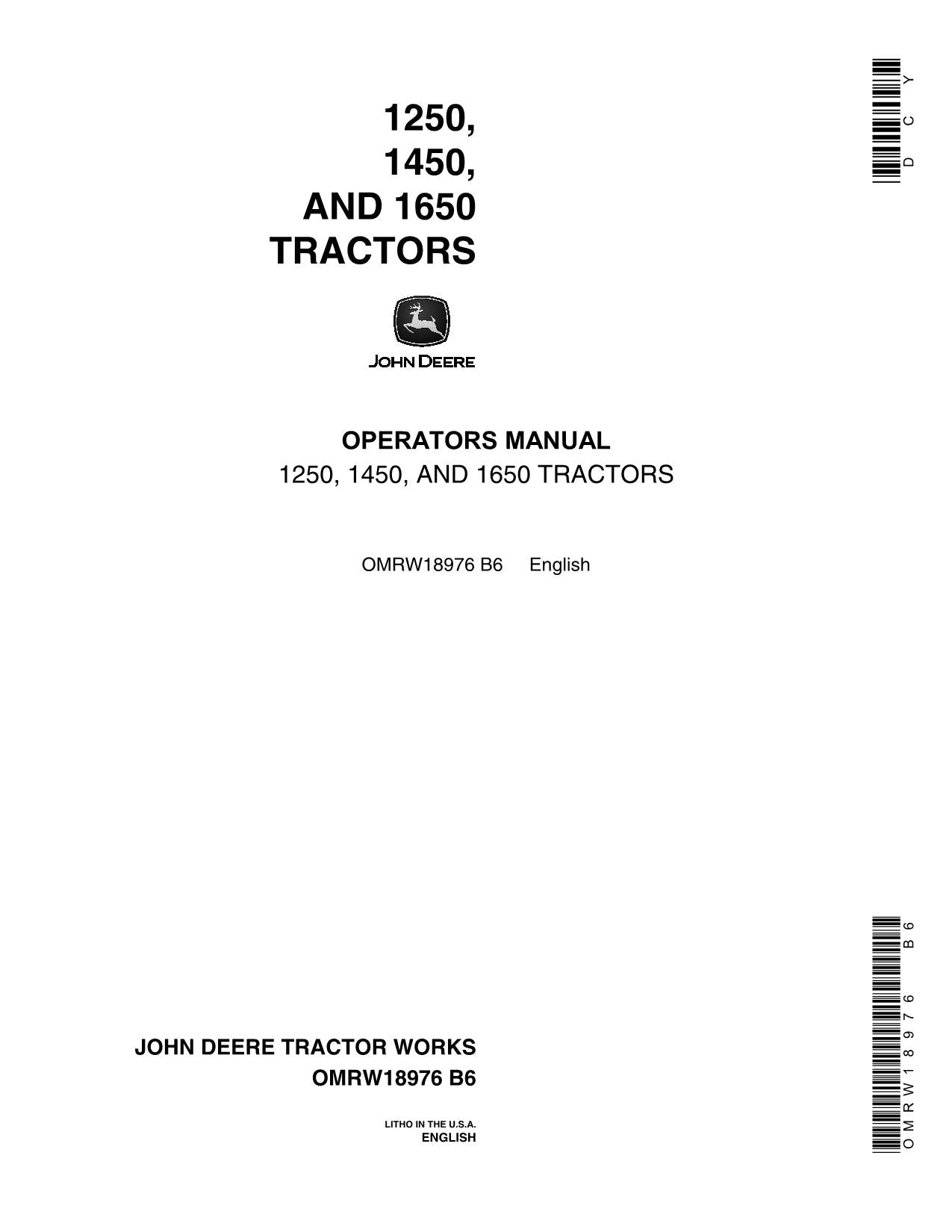 JOHN DEERE 1250 1450 1650 TRACTOR OPERATORS MANUAL