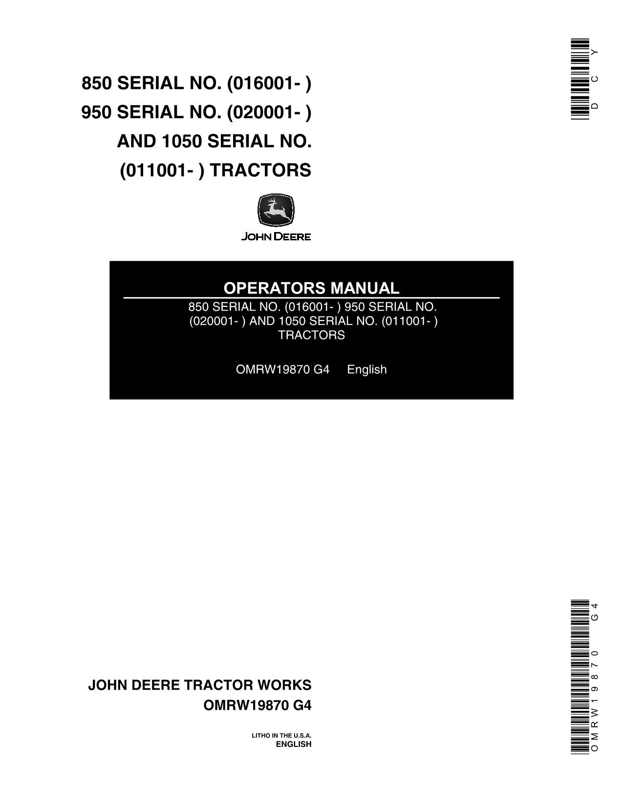 JOHN DEERE 1050  850  950 TRACTOR OPERATORS MANUAL