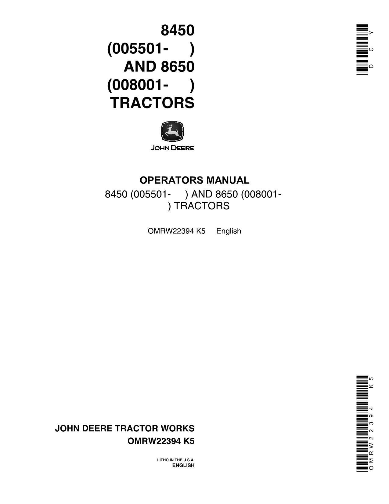 JOHN DEERE 8450 8650 TRACTOR OPERATORS MANUAL 005501-008001-