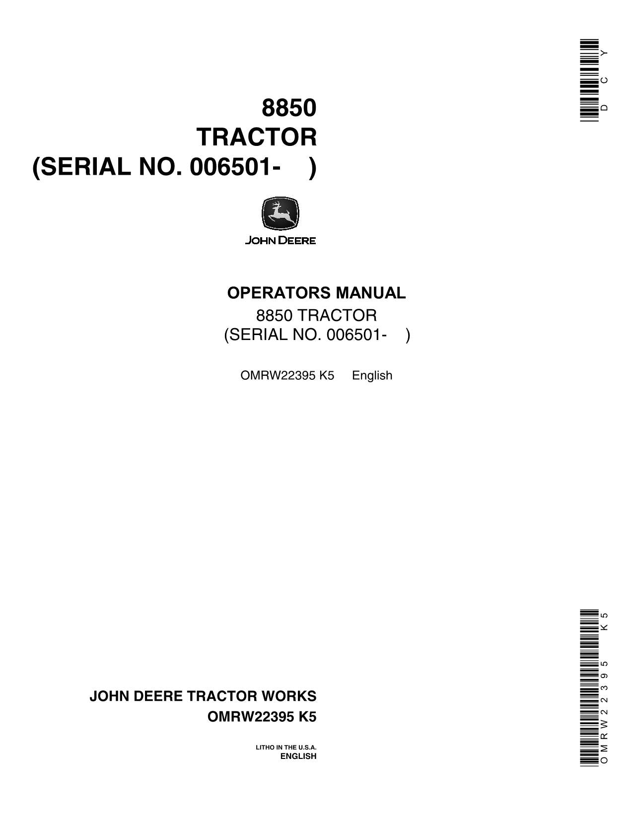 JOHN DEERE 8850 TRACTOR OPERATORS MANUAL 006501-