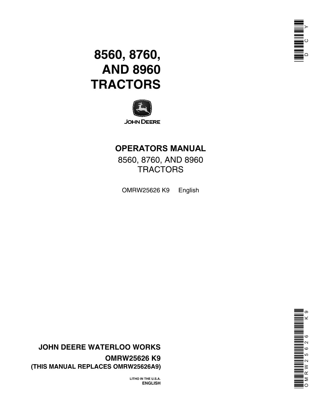 JOHN DEERE 8560 8760 8960 TRAKTOR-BETRIEBSHANDBUCH 0 - 1672