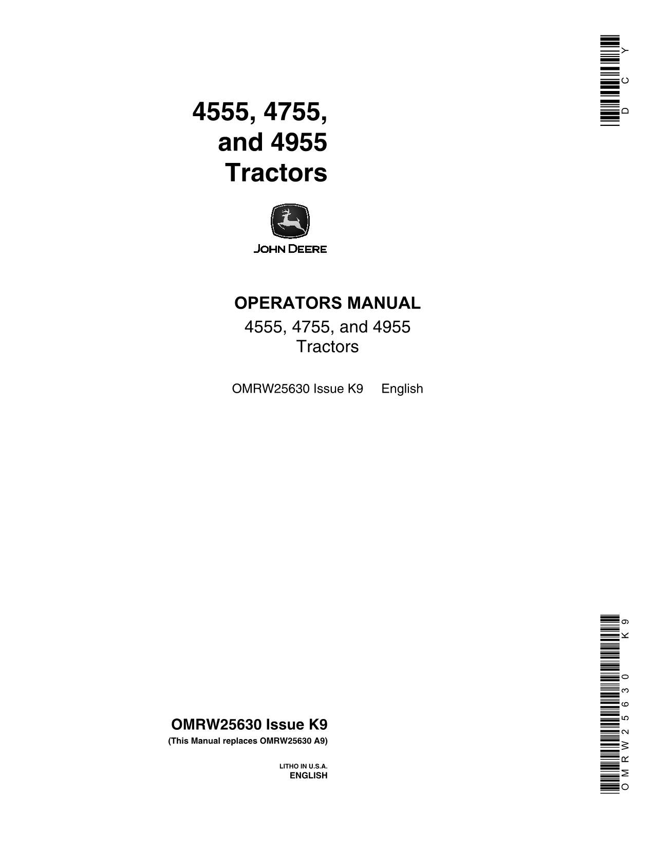 JOHN DEERE 4555 4755 4955 TRACTOR OPERATORS MANUAL