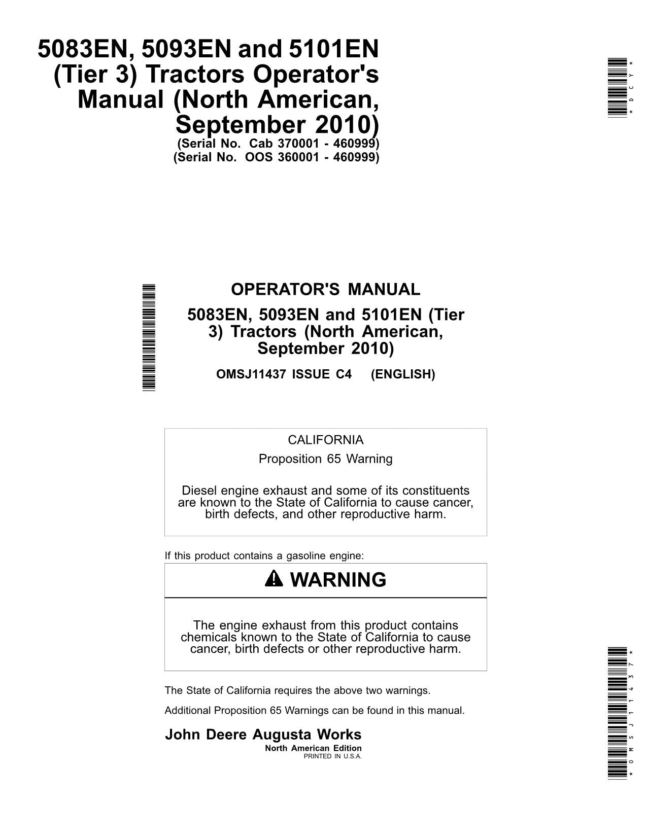 JOHN DEERE 5083EN 5093EN 5101EN TRAKTOR-BETRIEBSHANDBUCH Nr. 2