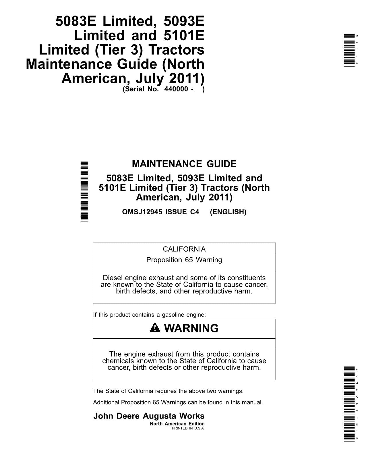 JOHN DEERE 5083E 5093E LIMITED 5101E LIMITED TRAKTOR-BETRIEBSHANDBUCH Nr. 5