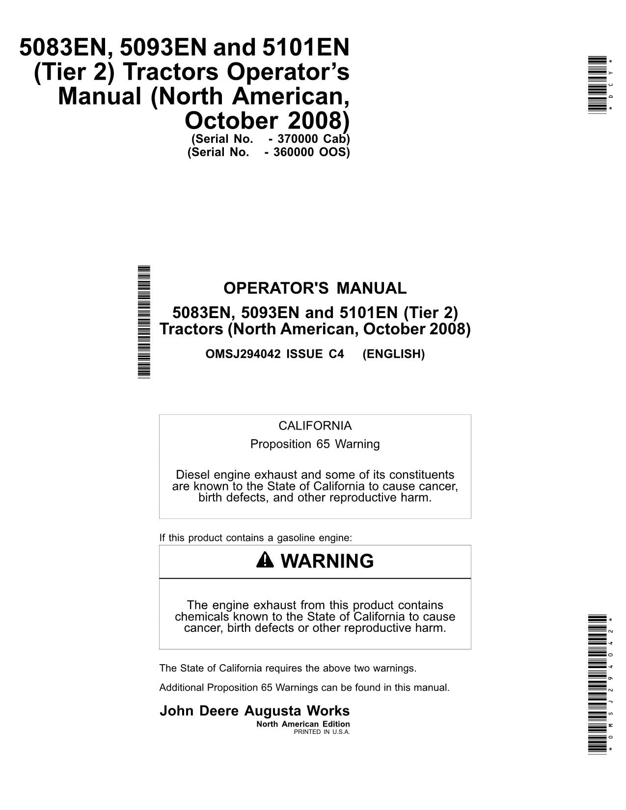 JOHN DEERE 5083EN 5093EN 5101EN TRACTOR OPERATORS MANUAL #3