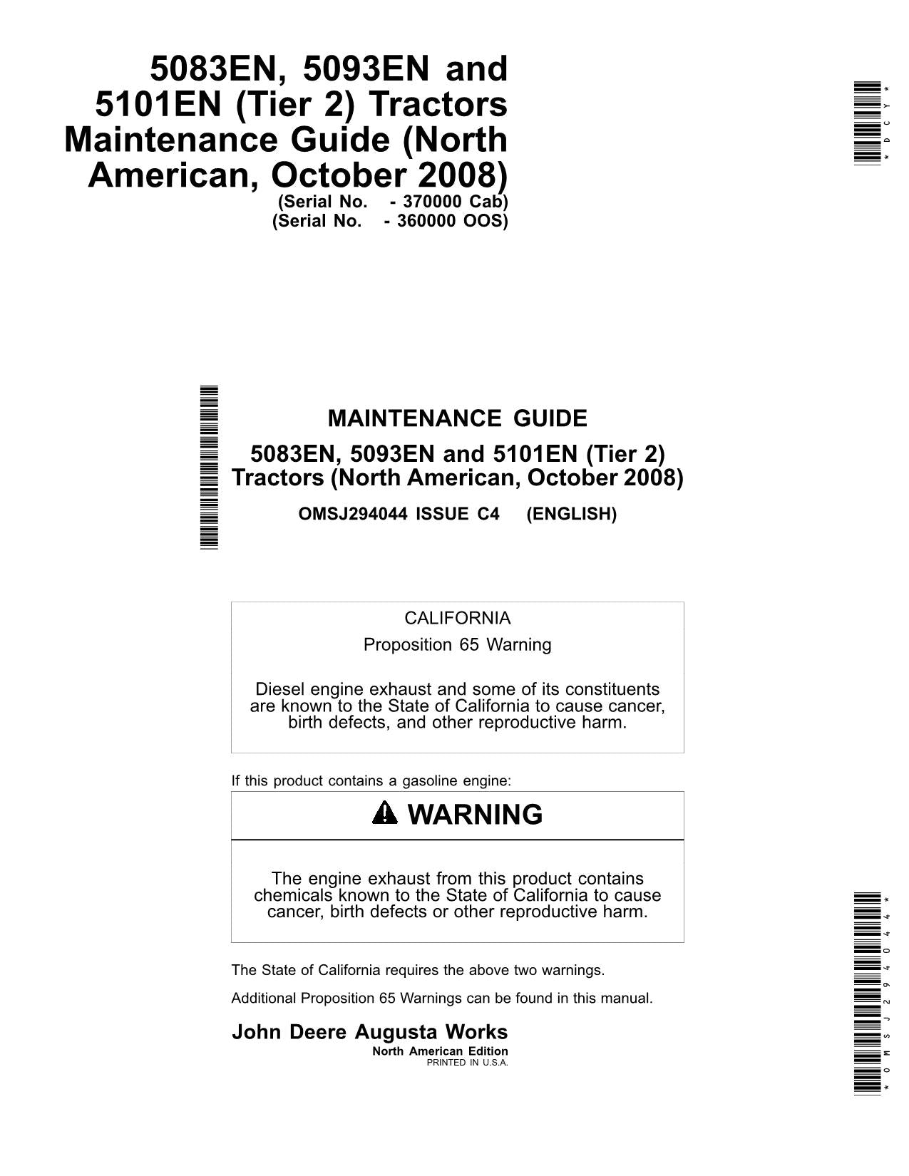 JOHN DEERE 5083EN 5093EN 5101EN TRACTOR OPERATORS MANUAL