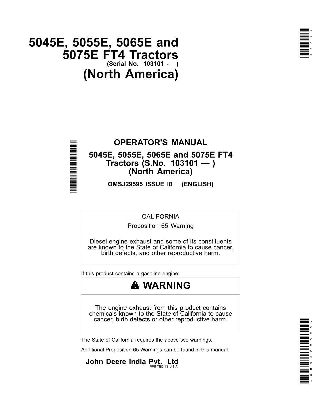 JOHN DEERE 5045E  5065E  5055E  5075E TRACTOR OPERATORS MANUAL