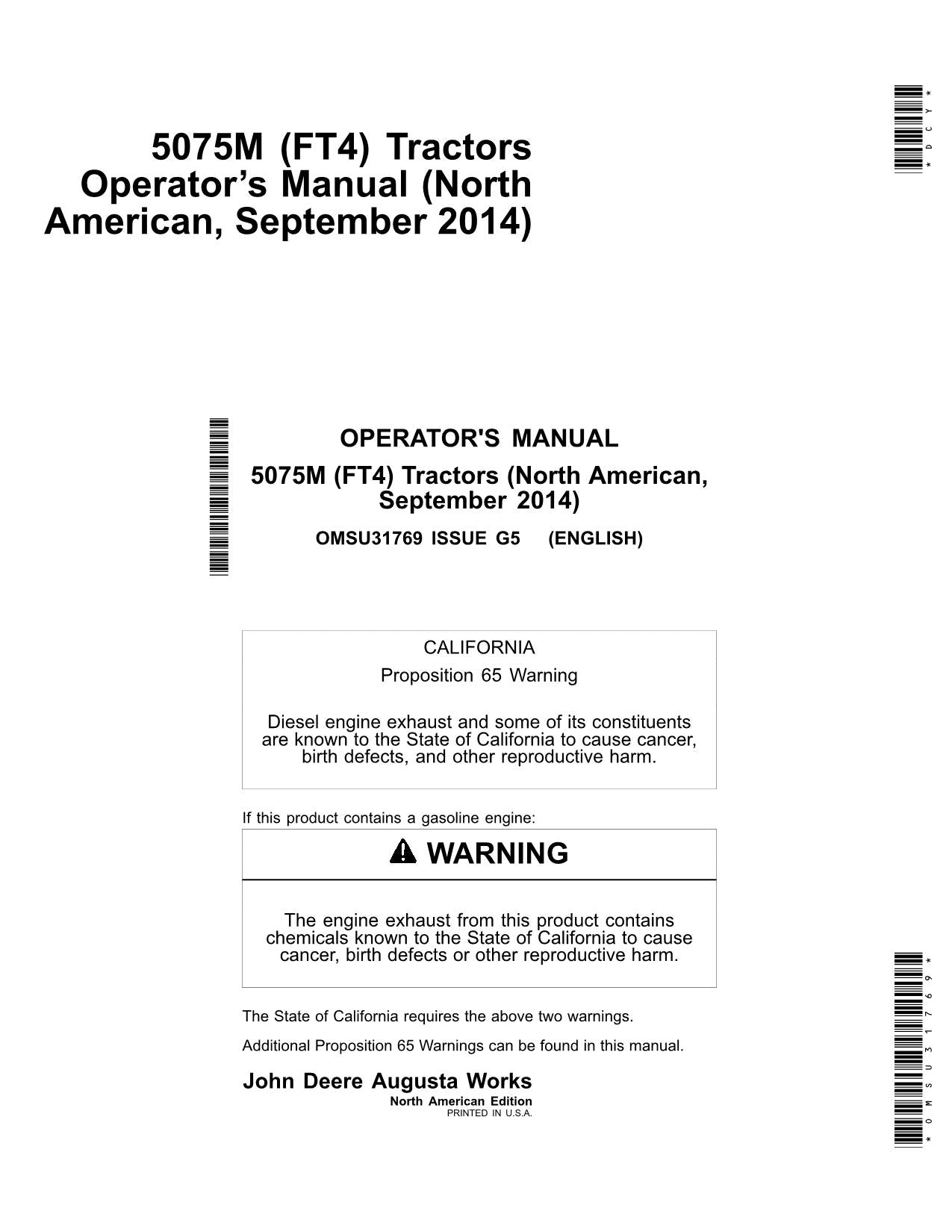 JOHN DEERE 5075M TRACTOR OPERATORS MANUAL SEPTEMBER 2014 -