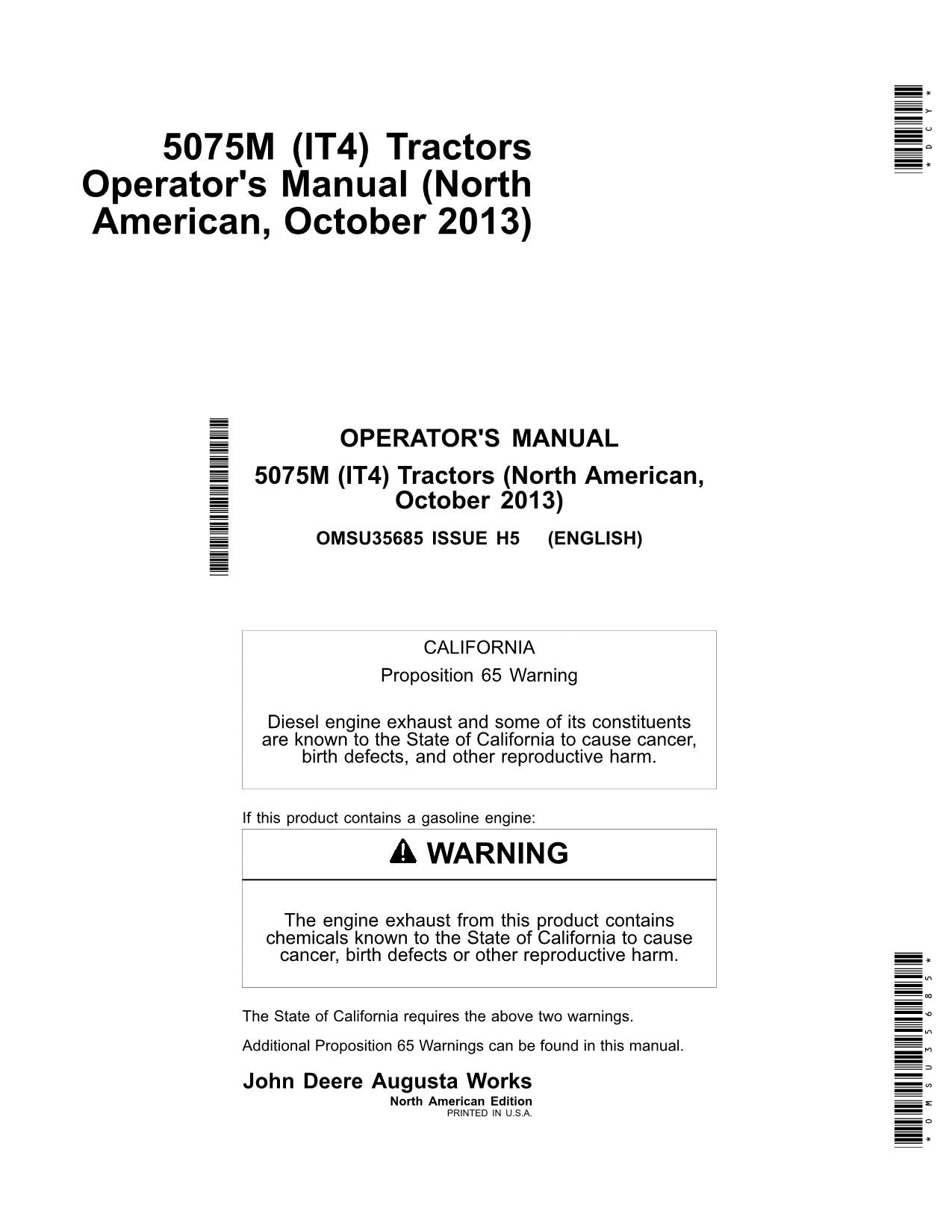 JOHN DEERE 5075M TRACTOR OPERATORS MANUAL OCTOBER 2013 - N/A