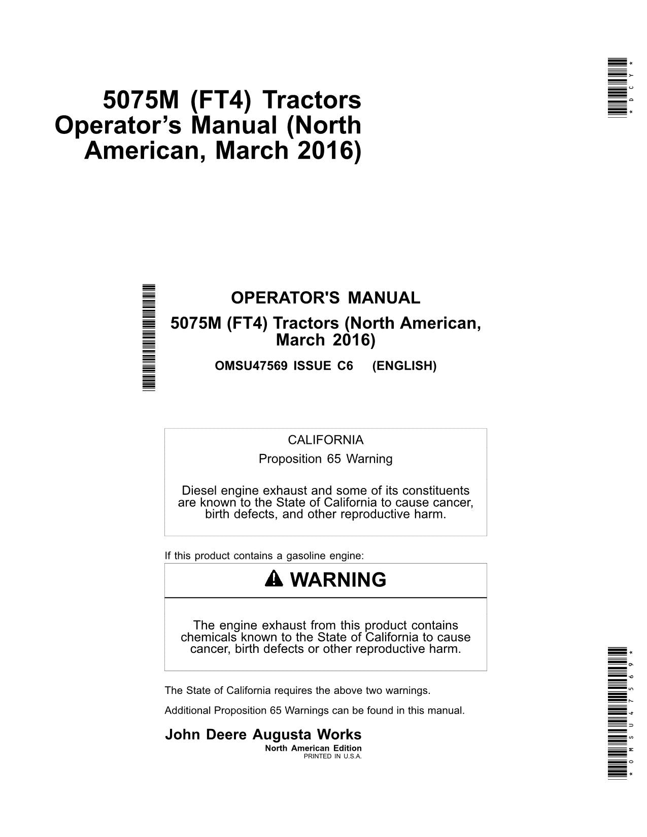 JOHN DEERE 5075M TRACTOR OPERATORS MANUAL MARCH 2016 - N/A