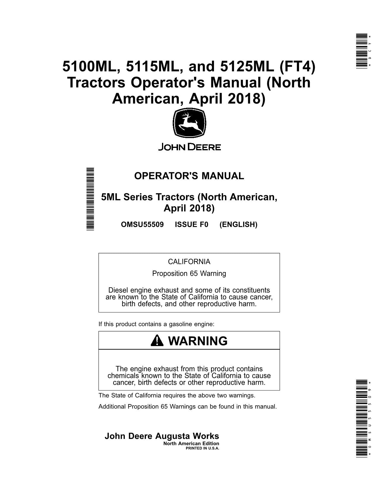 JOHN DEERE 5100ML  5125ML  5115ML  FT4 TRACTOR OPERATORS MANUAL