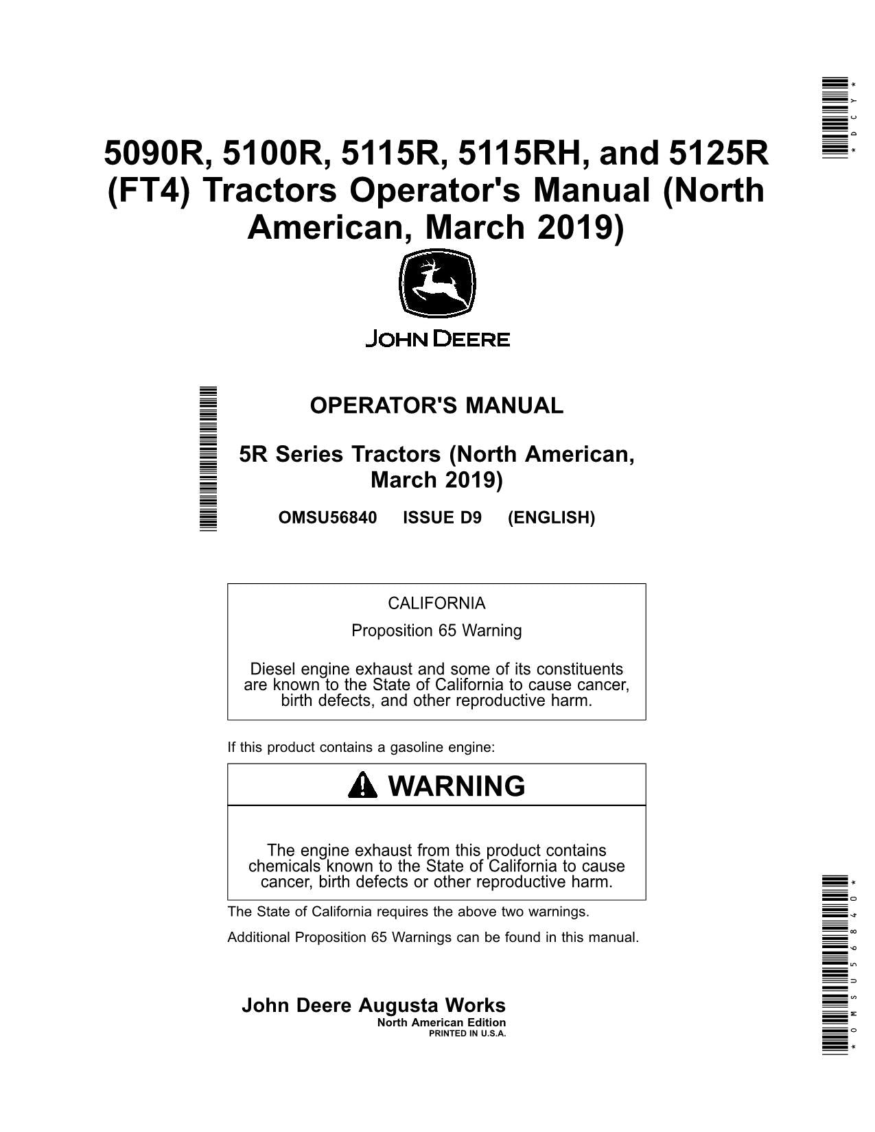 JOHN DEERE 5090R  5100R  5115R  5115RH  5125R FT4 TRACTOR OPERATORS MANUAL