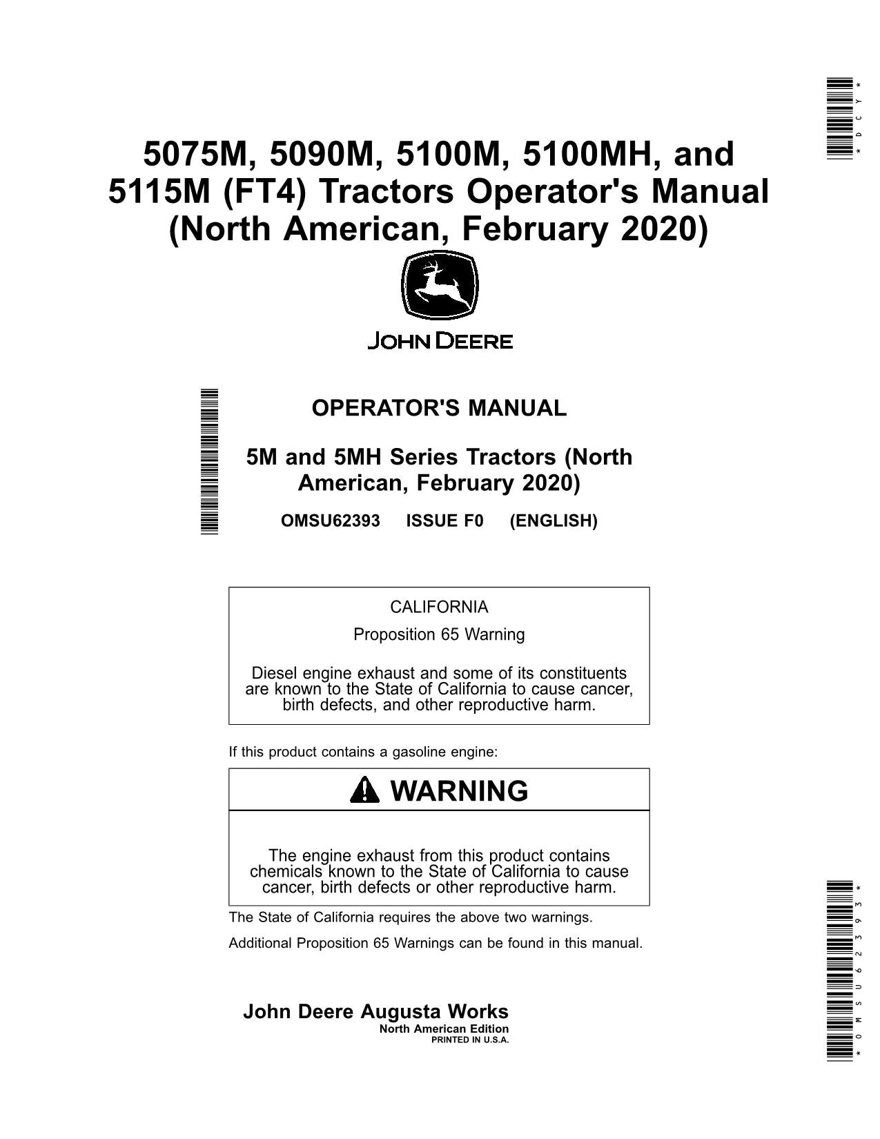 JOHN DEERE 5075M  5090M  5100M  5100MH  5115M  FT4 TRACTOR OPERATORS MANUAL