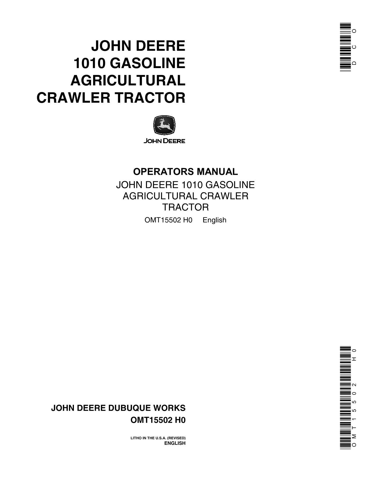 MANUEL D'UTILISATION DU TRACTEUR JOHN DEERE 1010 OMT15502