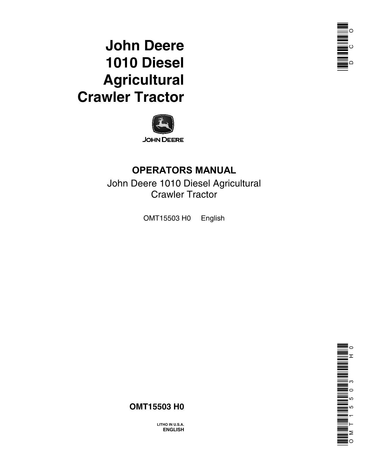 JOHN DEERE 1010 DIESEL CRAWLER TRACTOR OPERATORS MANUAL SER. NORTH AMERICA