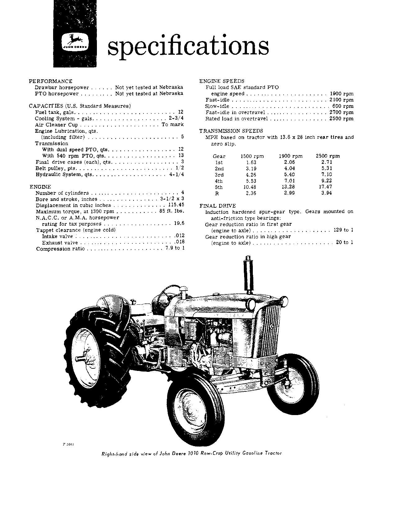 JOHN DEERE 1010 ROW CROP GASOLINE TRACTOR OPERATORS MANUAL NORTH AMERICA