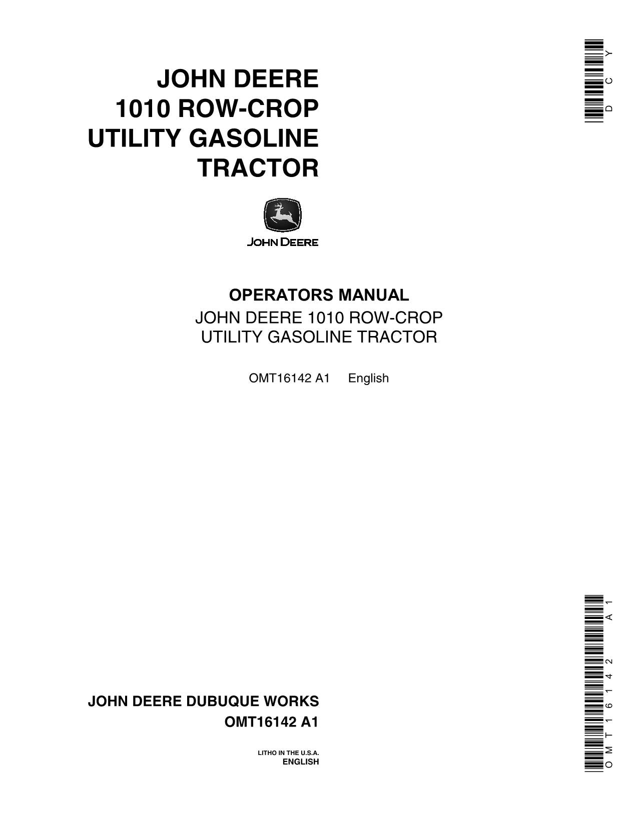 JOHN DEERE 1010 ROW CROP GASOLINE TRACTOR OPERATORS MANUAL NORTH AMERICA