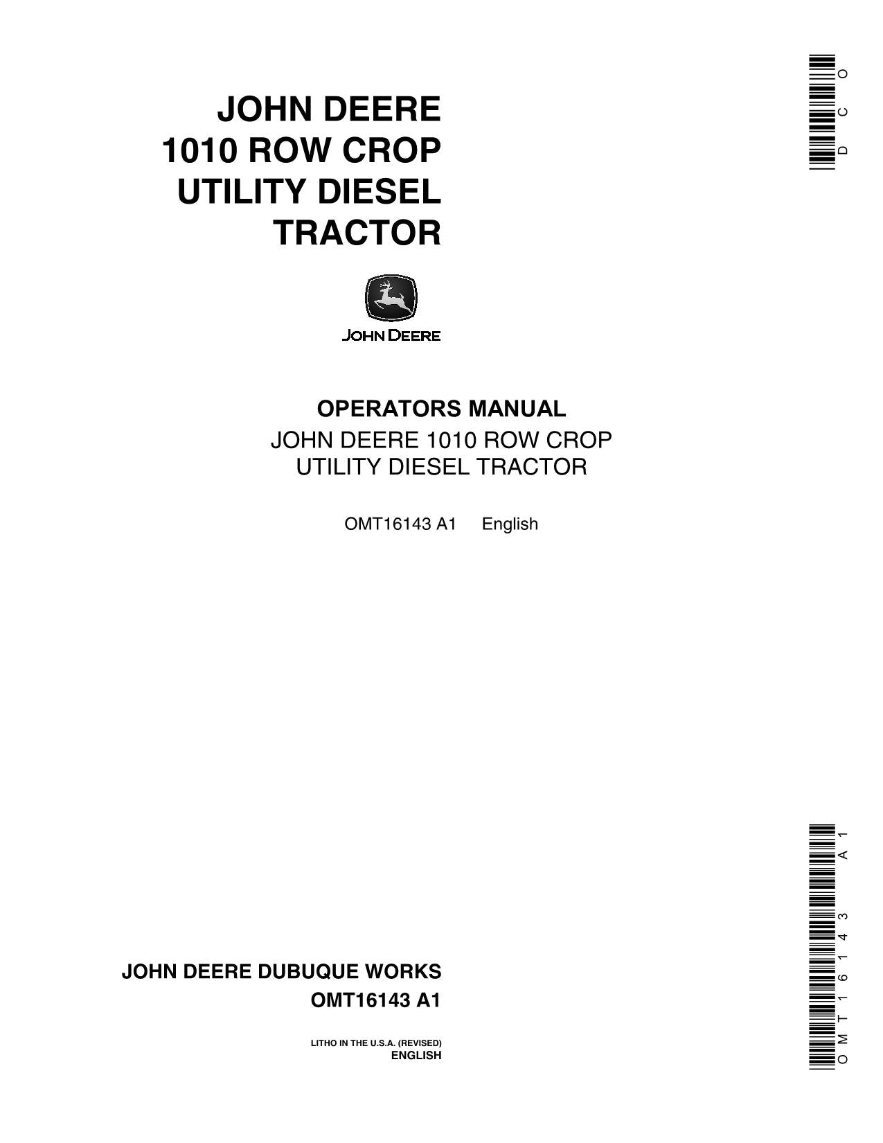 JOHN DEERE 1010 ROW CROP UTILITY DIESEL TRACTOR OPERATORS MANUAL NORTH AMERICA