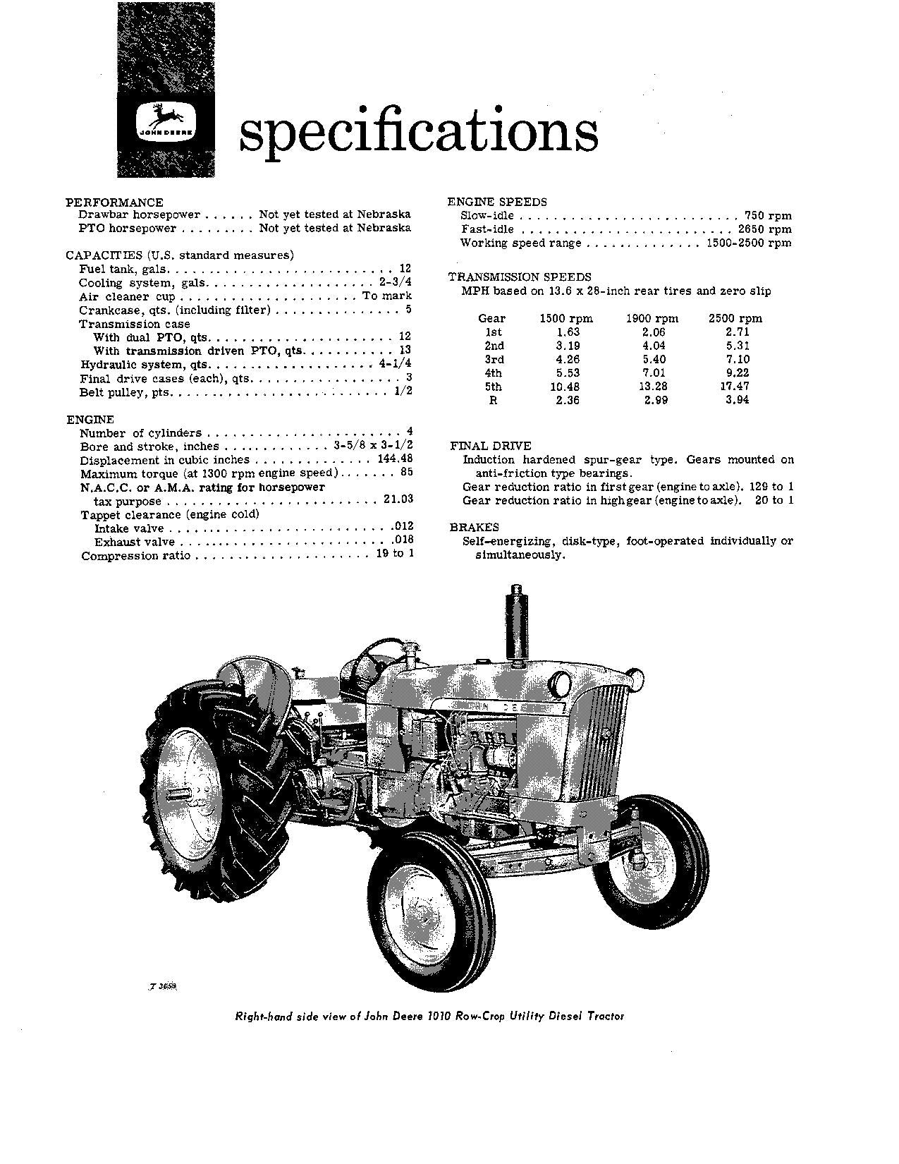 JOHN DEERE 1010 ROW CROP UTILITY DIESEL TRACTOR OPERATORS MANUAL NORTH AMERICA