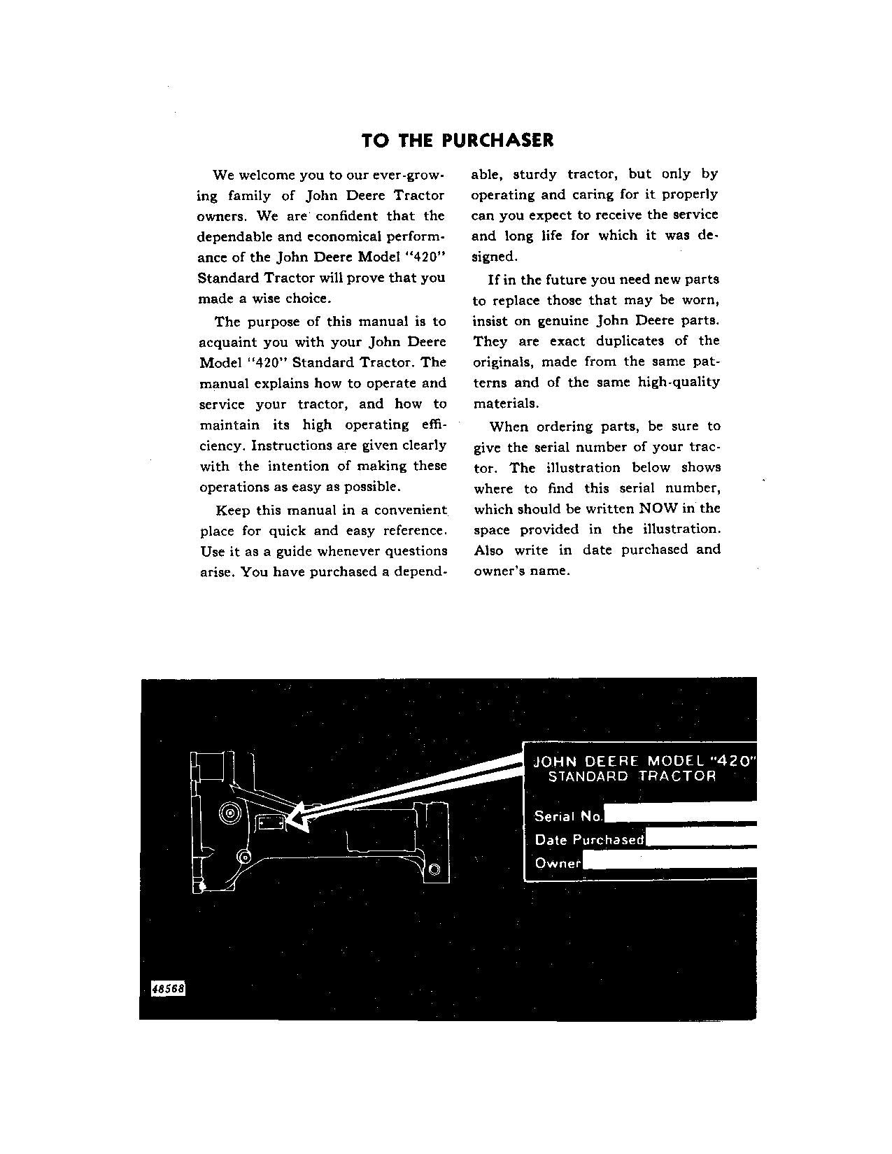 JOHN DEERE 420 TRACTOR OPERATORS MANUAL OMT171155