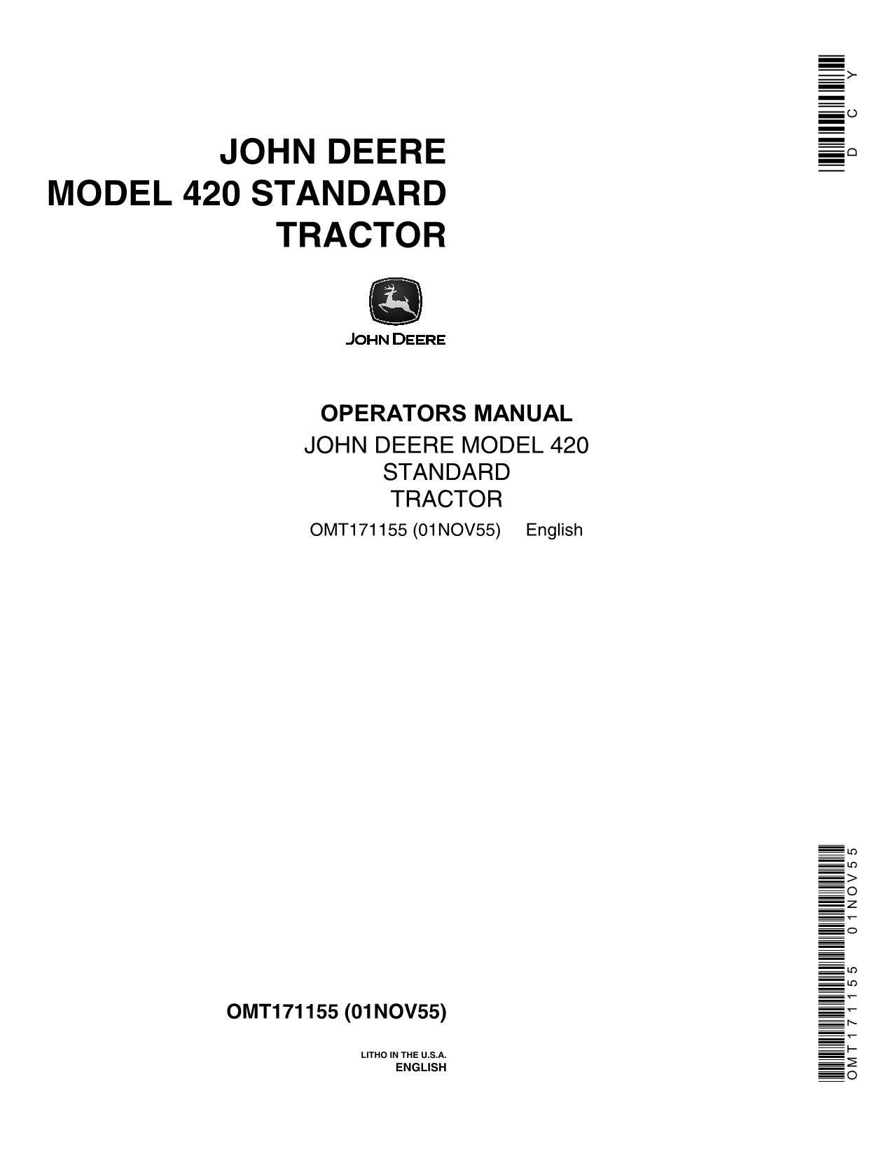 JOHN DEERE 420 TRACTOR OPERATORS MANUAL OMT171155