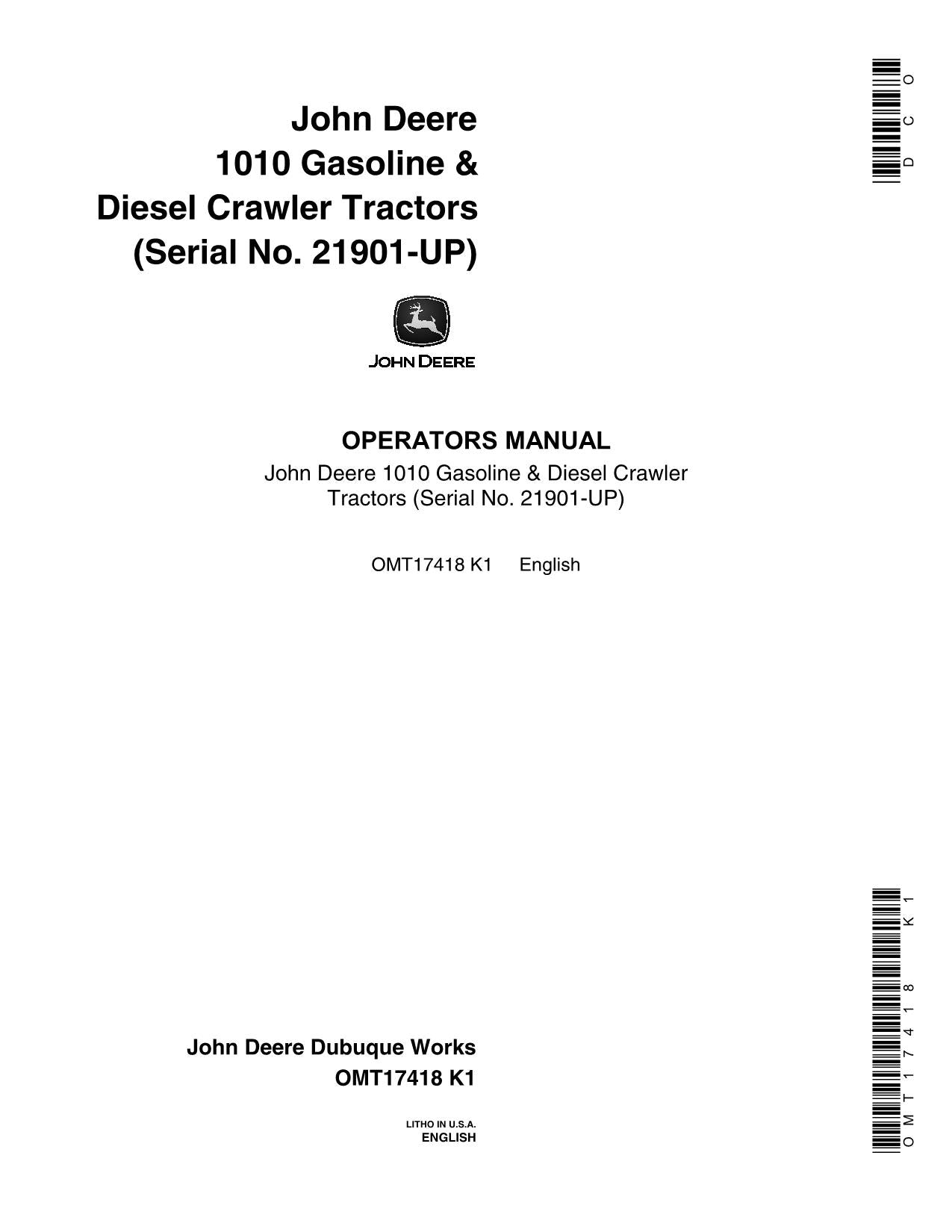 JOHN DEERE 1010 DIESEL GAS TRACTOR OPERATORS MANUAL SER 021901-