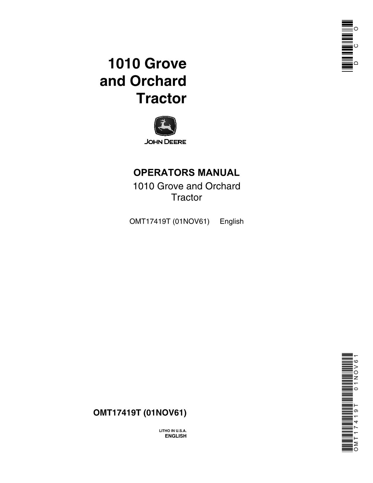 JOHN DEERE 1010 O TRACTOR OPERATORS MANUAL