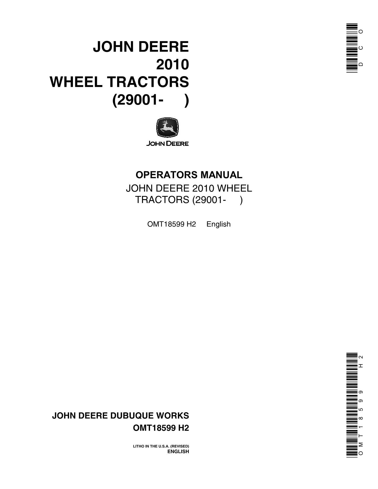 MANUEL D'UTILISATION DU TRACTEUR JOHN DEERE 2010 série 029001-