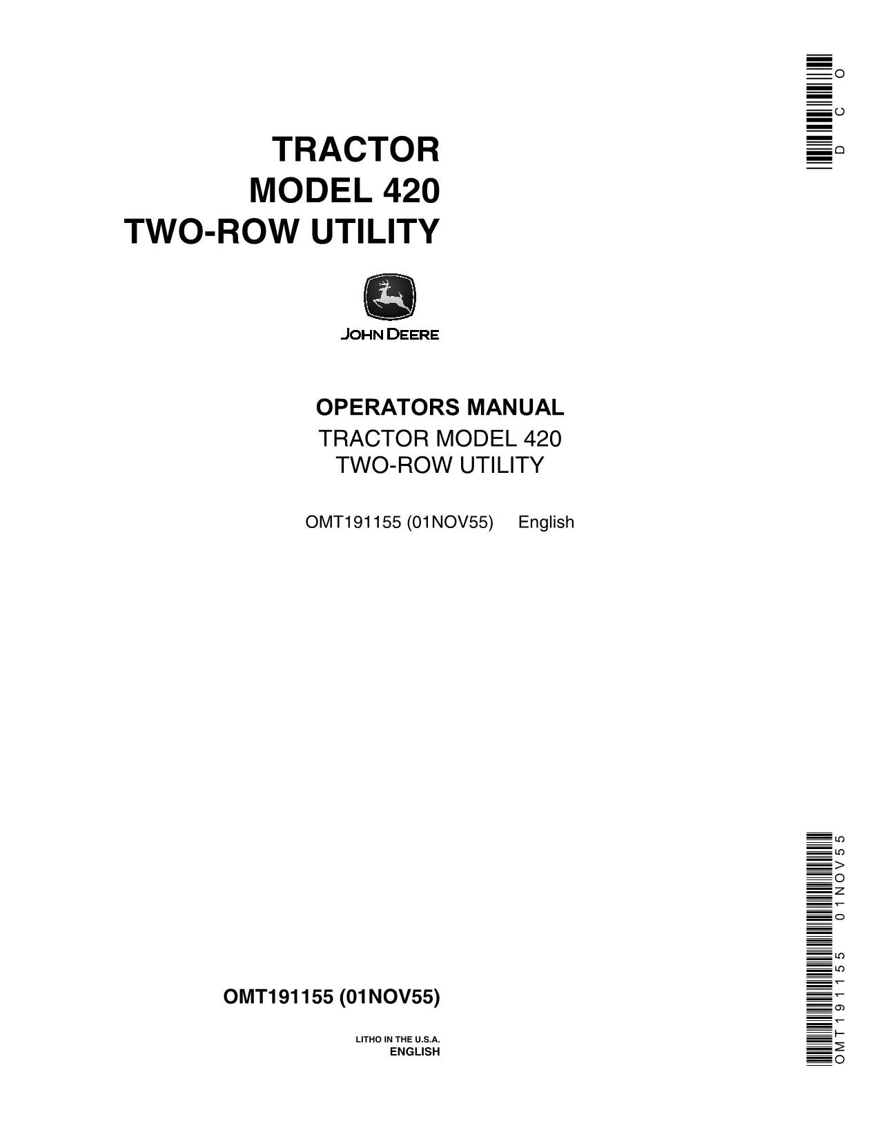 MANUEL D'UTILISATION DU TRACTEUR JOHN DEERE 420 80001-100000