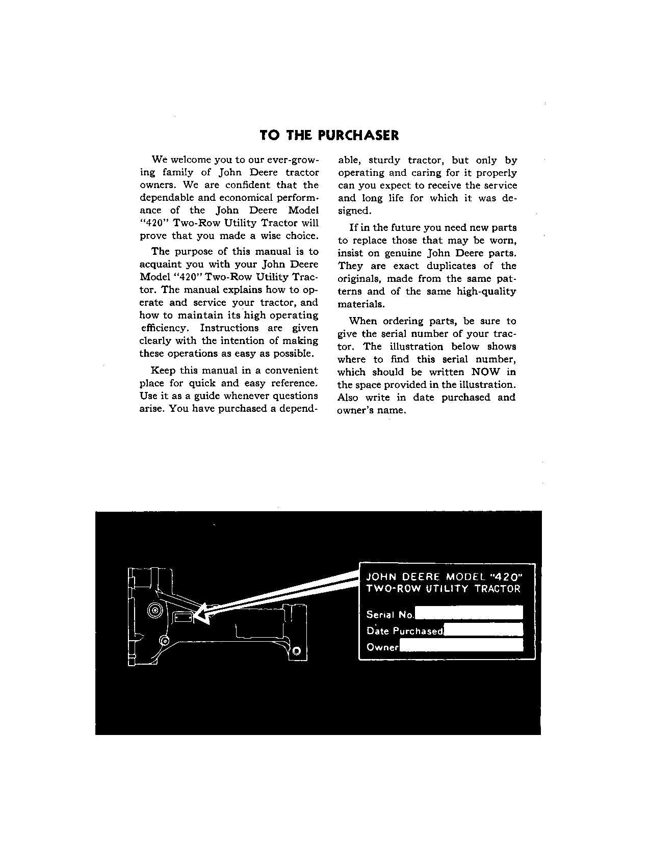 JOHN DEERE 420 TRACTOR OPERATORS MANUAL 80001-100000