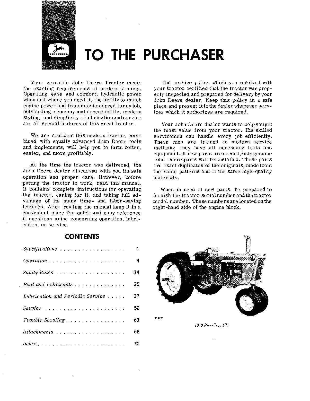 JOHN DEERE 1010 O 1010 U 1010 R 1010 RS 1010 RU TRAKTOR BEDIENUNGSANLEITUNG