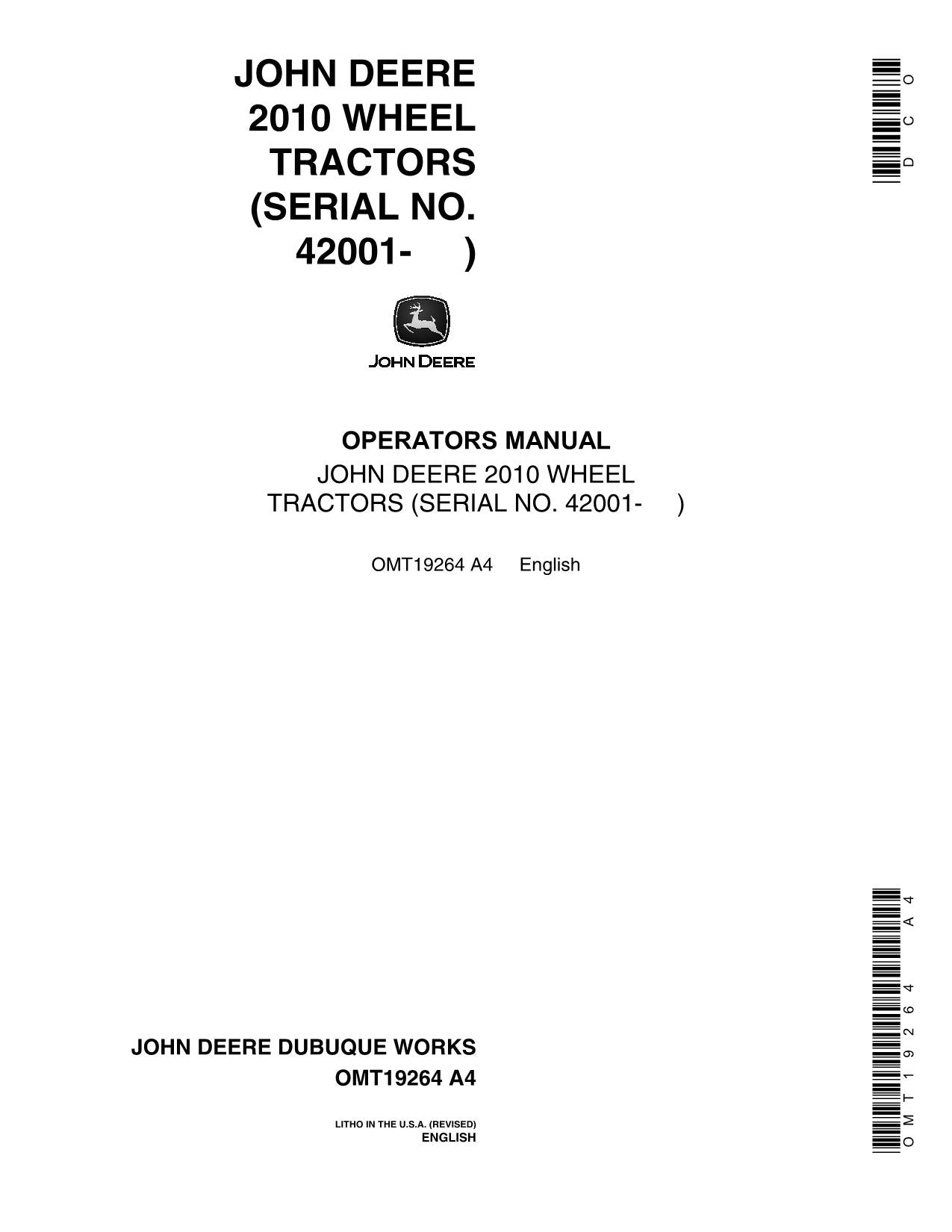 MANUEL D'UTILISATION DU TRACTEUR JOHN DEERE 2010 OMT19264