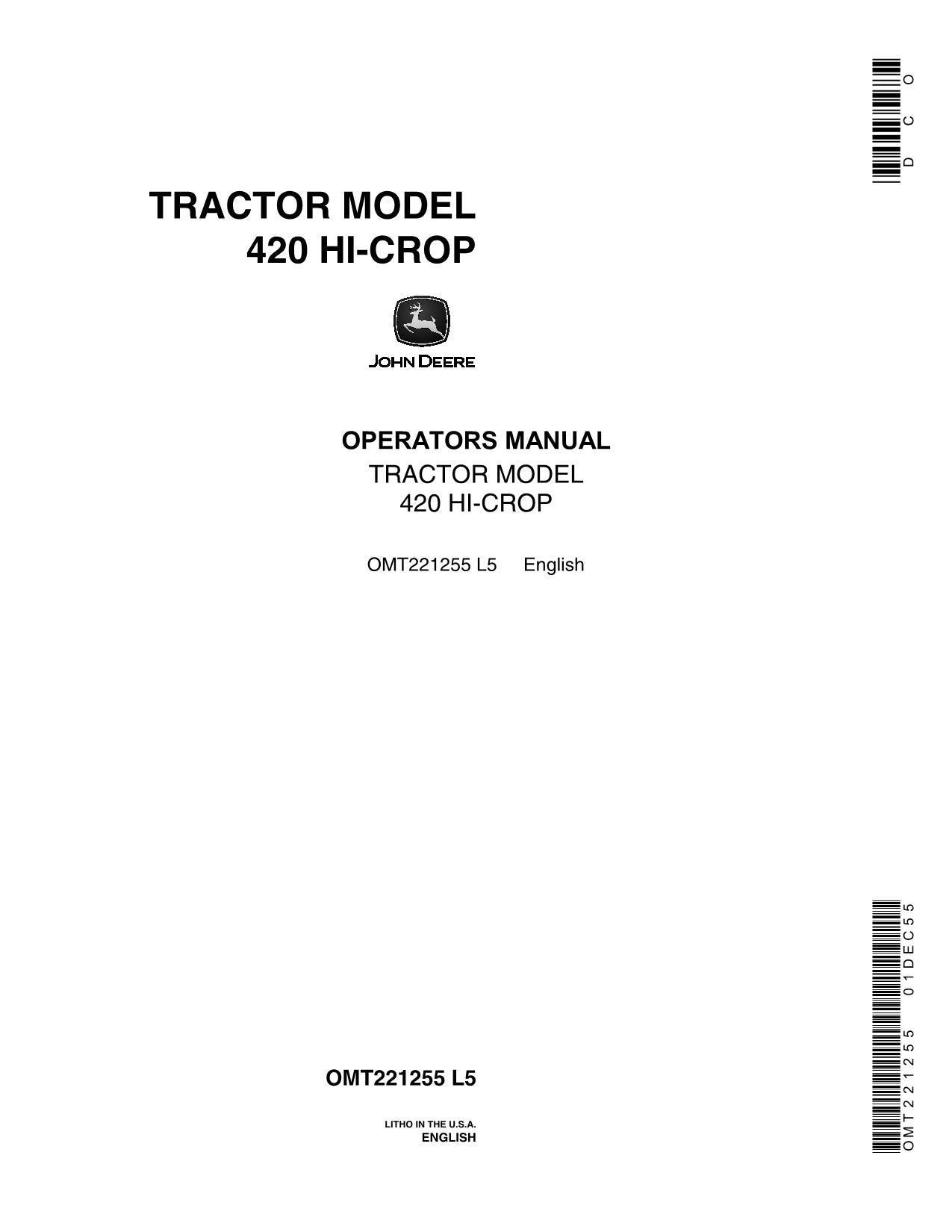 JOHN DEERE 420 TRACTOR OPERATORS MANUAL NORTH AMERICA