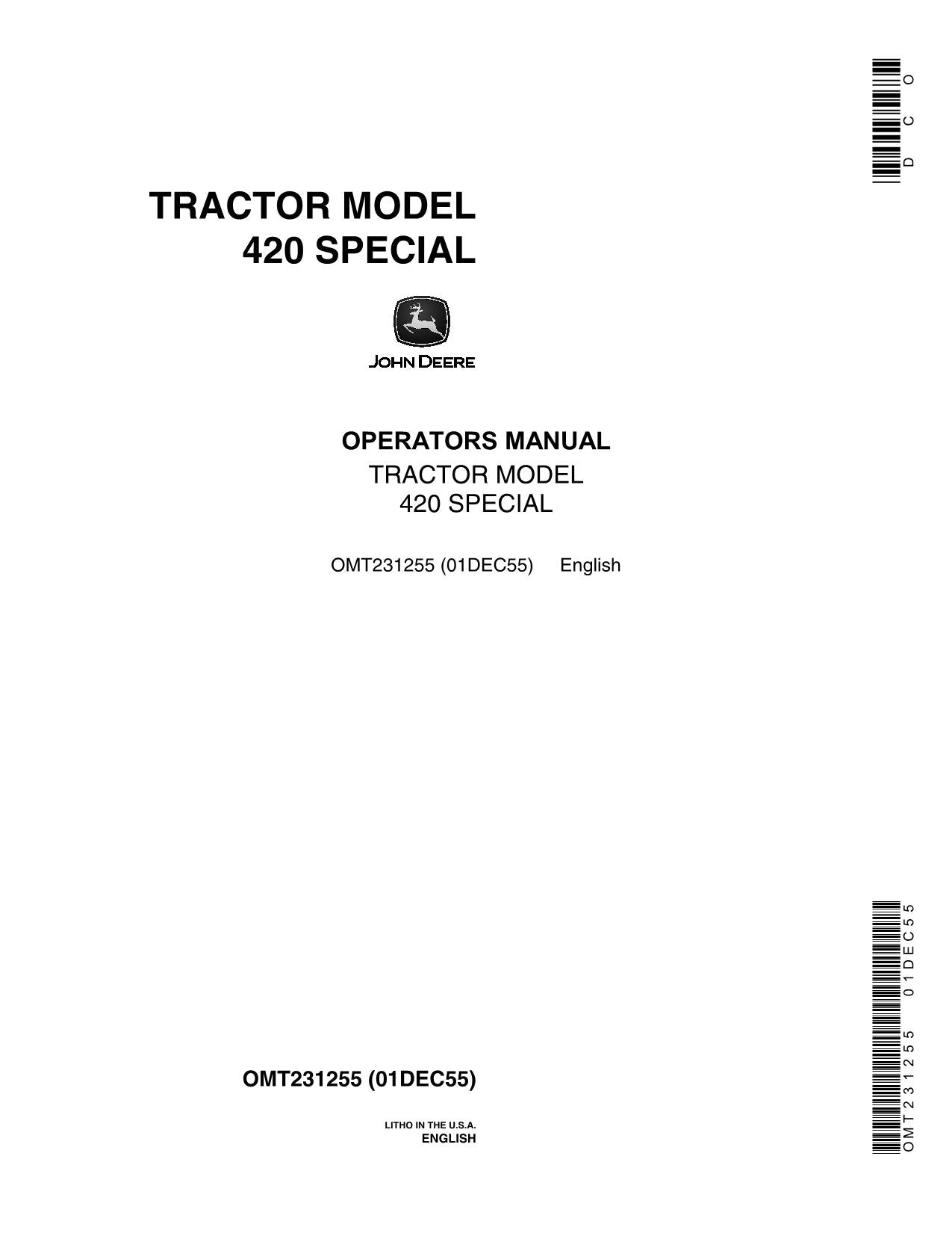 JOHN DEERE 420 TRACTOR OPERATORS MANUAL OMT231255