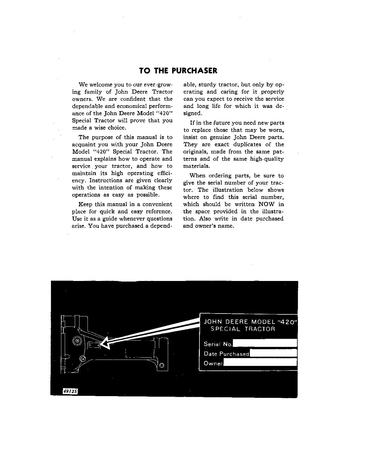 JOHN DEERE 420 TRACTOR OPERATORS MANUAL OMT231255