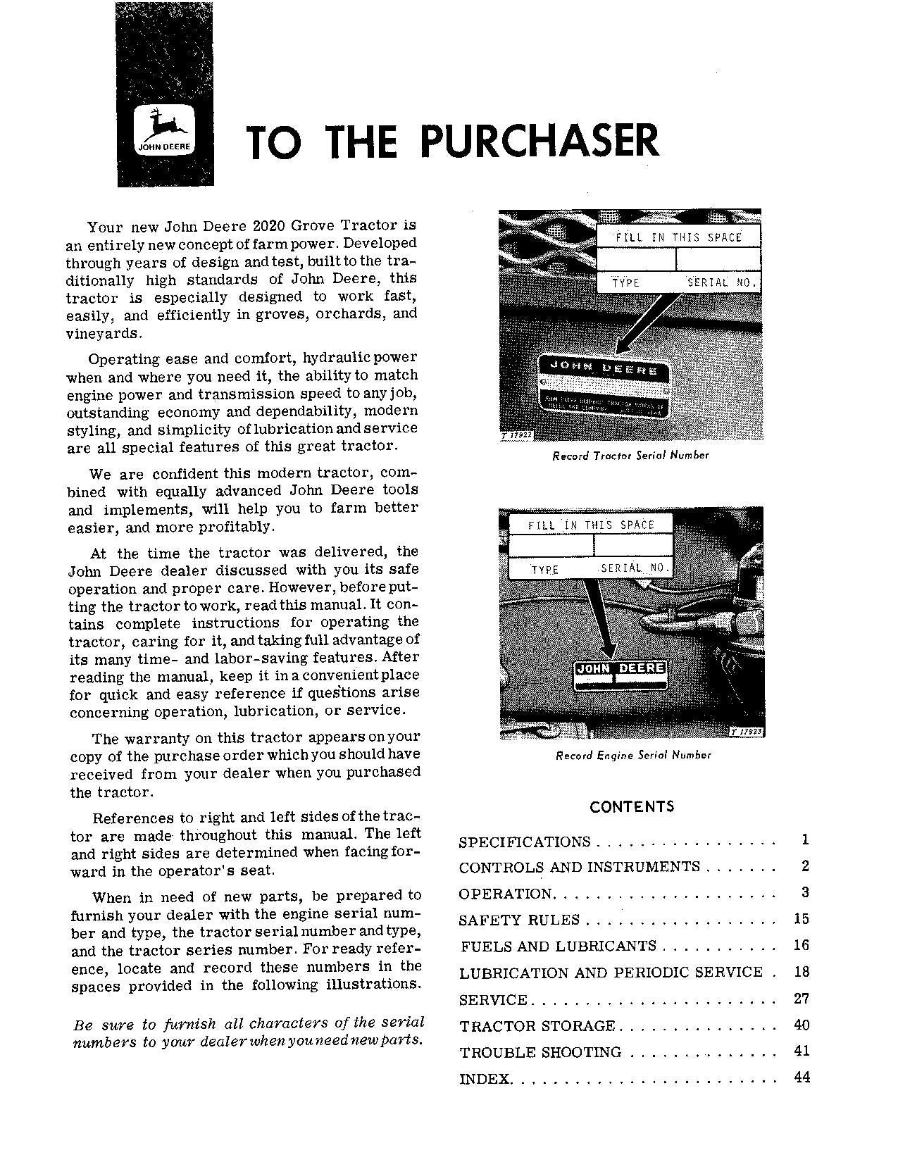 JOHN DEERE 2020 TRACTOR OPERATORS MANUAL Ser. 080197-