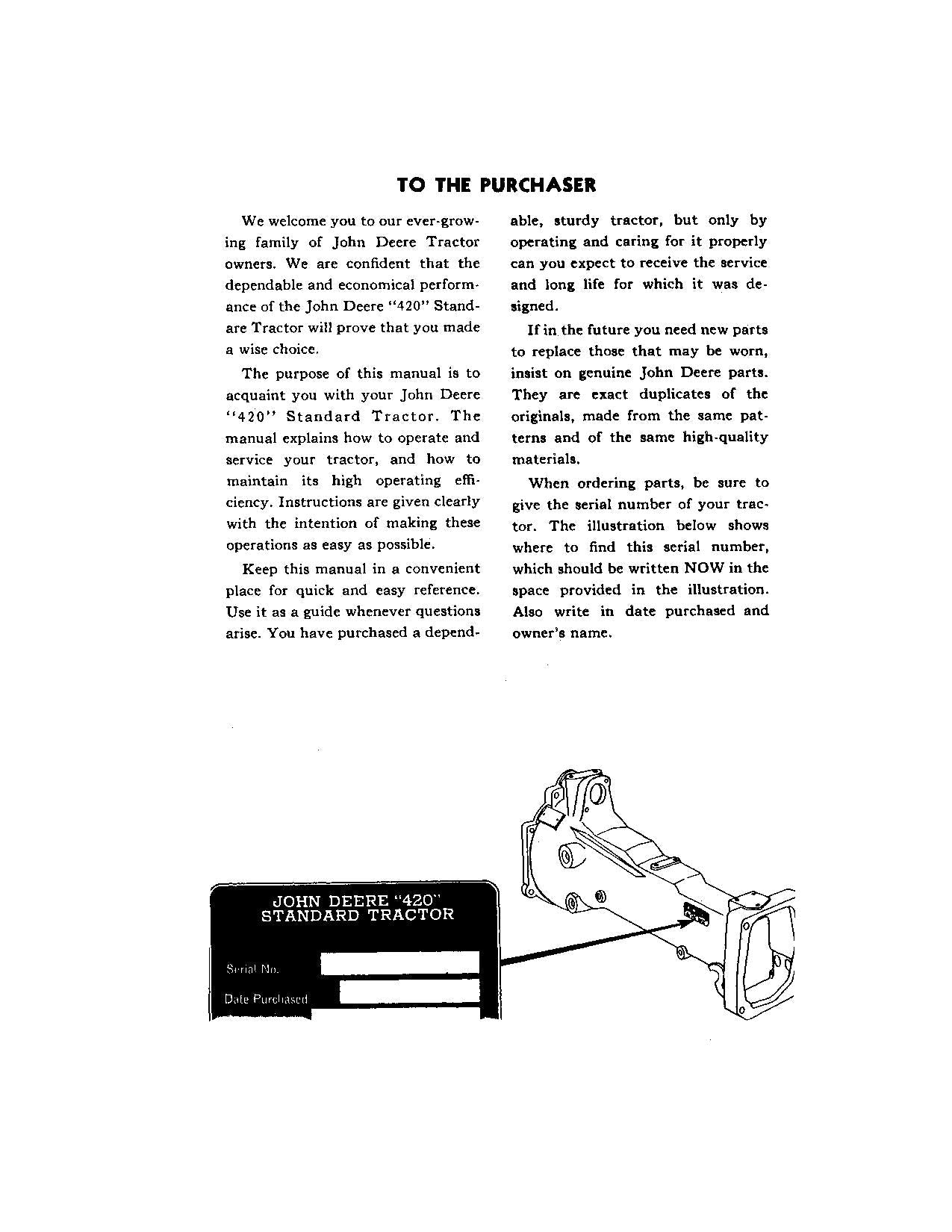 JOHN DEERE 420 TRACTOR OPERATORS MANUAL  100001-