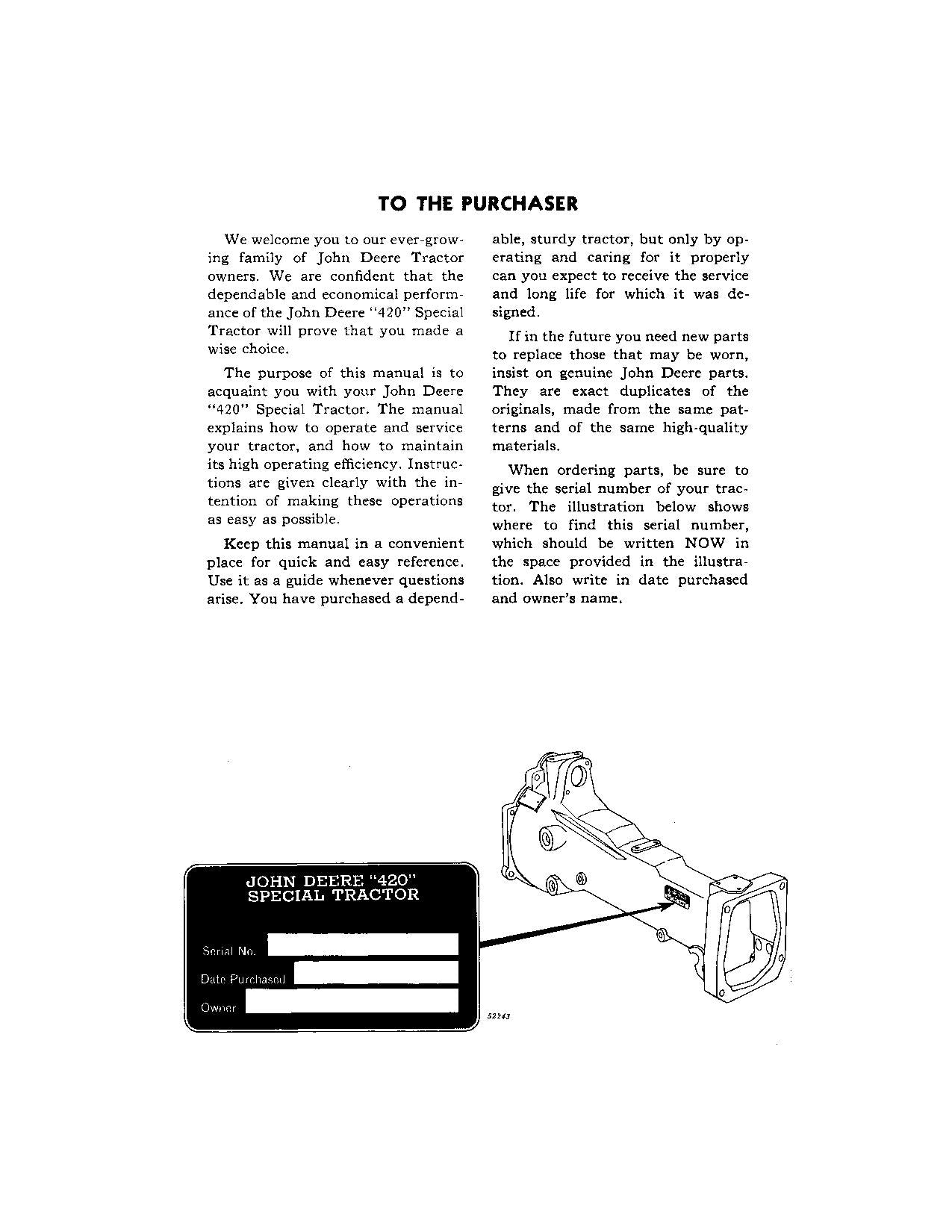 JOHN DEERE 420 TRACTOR OPERATORS MANUAL 100001-