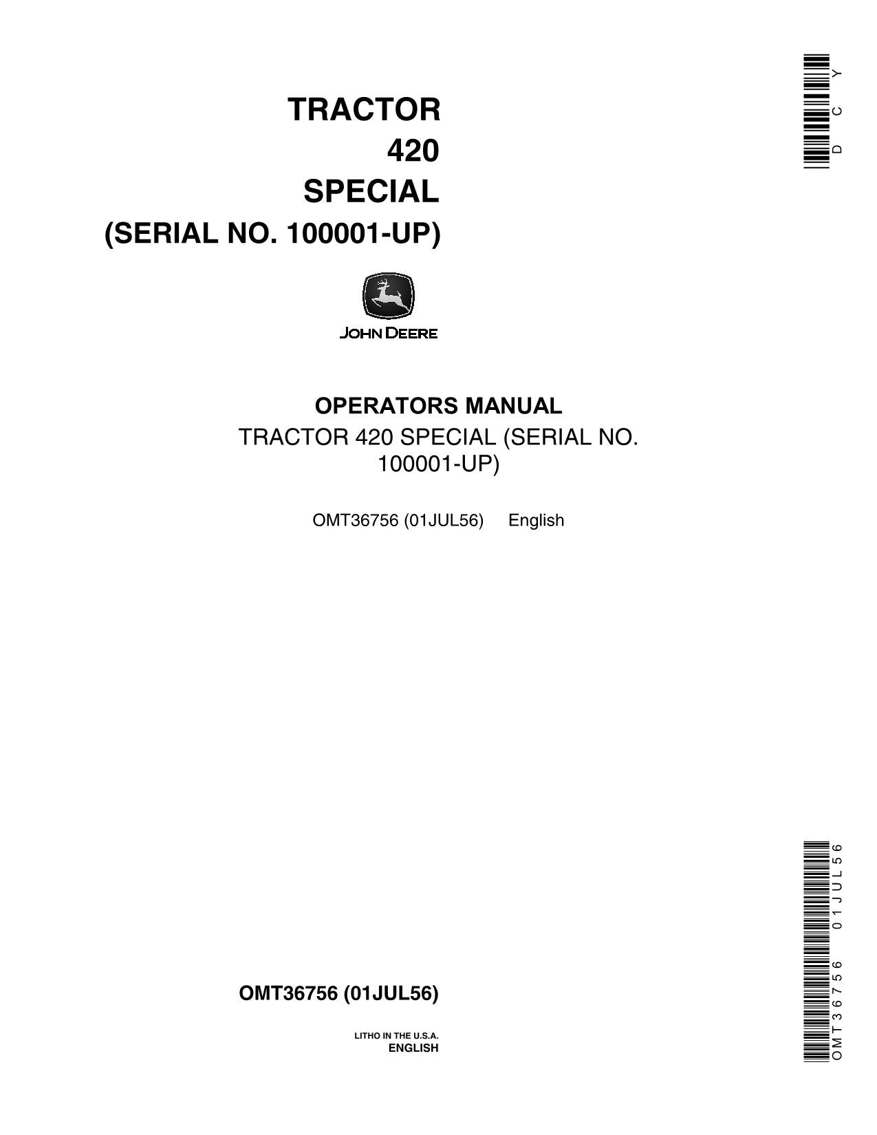 JOHN DEERE 420 TRACTOR OPERATORS MANUAL 100001-