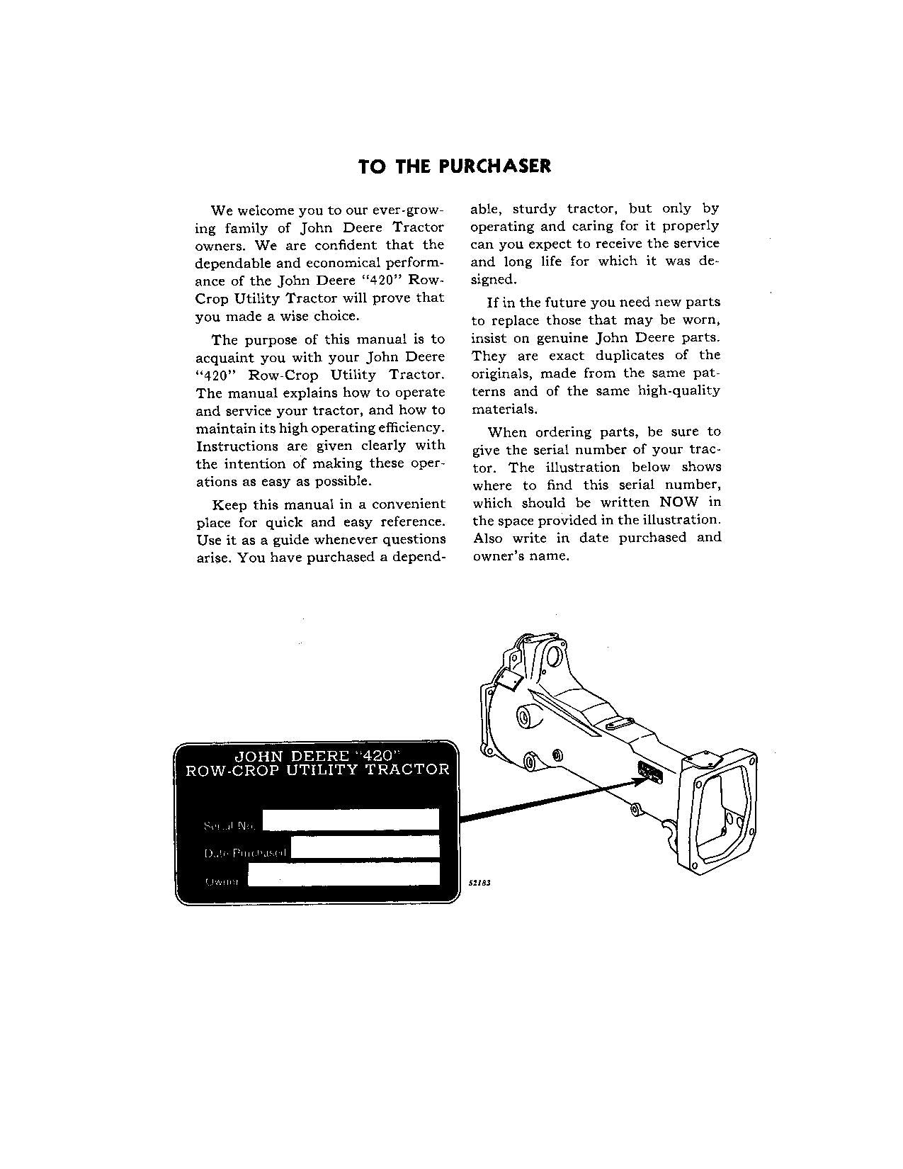 JOHN DEERE 420 TRACTOR OPERATORS MANUAL  100001-125000